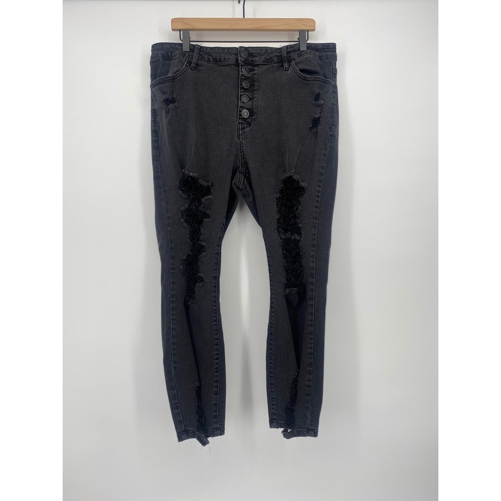 Rue21 Rue+ Distressed Skinny Jeans Womens 22 Black High Rise Button Fly Ripped